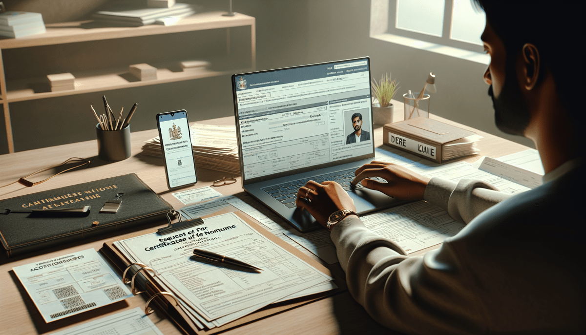 Une personne assise à un bureau moderne, consultant un ordinateur portable ouvert sur un site web gouvernemental français, entourée de documents officiels tels que une carte grise de véhicule, des formulaires administratifs et un stylo. L'écran de l'ordinateur affiche clairement une page intitulée "Demande de Certificat de Non Gage". Inclurez également sur le bureau un smartphone affichant une confirmation de rendez-vous en préfecture et un classeur étiqueté "Démarches administratives". L'ensemble doit créer une atmosphère de travail concentré mais serein, avec une lumière douce et une palette de couleurs neutres pour donner un rendu réaliste et professionnel.