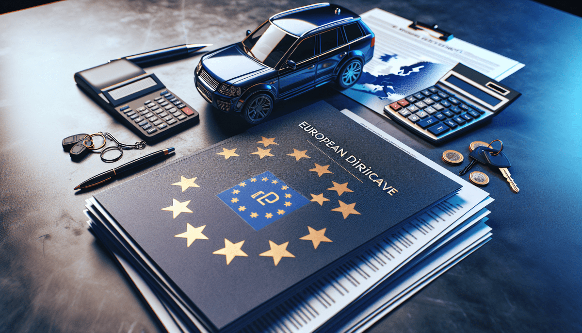 image conceptuelle présentant une voiture moderne de couleur bleu foncé avec des documents importants empilés sur le capot, au premier plan. Sur les papiers, imprimés avec une typographie officielle, on peut distinguer le titre "Directive Européenne" ainsi que le logo de l'Union européenne – un cercle d'étoiles dorées sur fond bleu. À côté des documents, on voit une calculatrice, un stylo et des clés de voiture avec un porte-clés aux couleurs du drapeau français. Une carte européenne estomer en arrière-plan, et l'image a un aspect légèrement assombri pour véhiculer une atmosphère d'incertitude. Assurez-vous que la composition soit équilibrée et que la photo semble crédible, comme si elle avait été prise dans un contexte professionnel, peut-être sur un bureau de concession automobile.