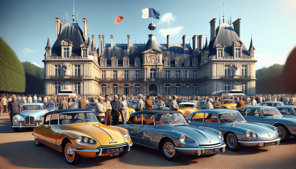 Événement d'automobiles classiques en France, avec des voitures anciennes telles que la Citroën DS, la Peugeot 404 et la Renault 4CV stationnées devant le château de Chantilly. Inclure des détails comme un groupe de passionnés admirant les voitures, un drapeau français qui flotte dans le fond, le château en arrière-plan reflétant l'architecture historique française, et un ciel bleu clair qui évoque une journée ensoleillée parfaite pour un événement automobile.