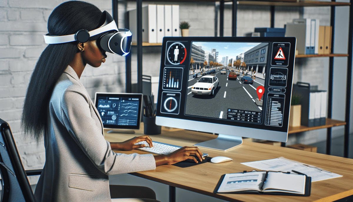 Une personne assise devant un ordinateur avec un casque VR sur la tête, le visage concentré, visualisant une simulation de conduite de voiture montrant un écran partagé, une moitié illustrant un scénario de rue animée avec des piétons et des cyclistes et l'autre moitié présentant des statistiques et un graphique d'analyse de risque. Des icônes de signaux d’attention sont visibles autour de certains éléments, comme un piéton sur le point de traverser ou une voiture en train de freiner brusquement. Le milieu est un environnement de bureau moderne avec un instructeur observant et prenant des notes sur un bloc-notes à côté de l'ordinateur.