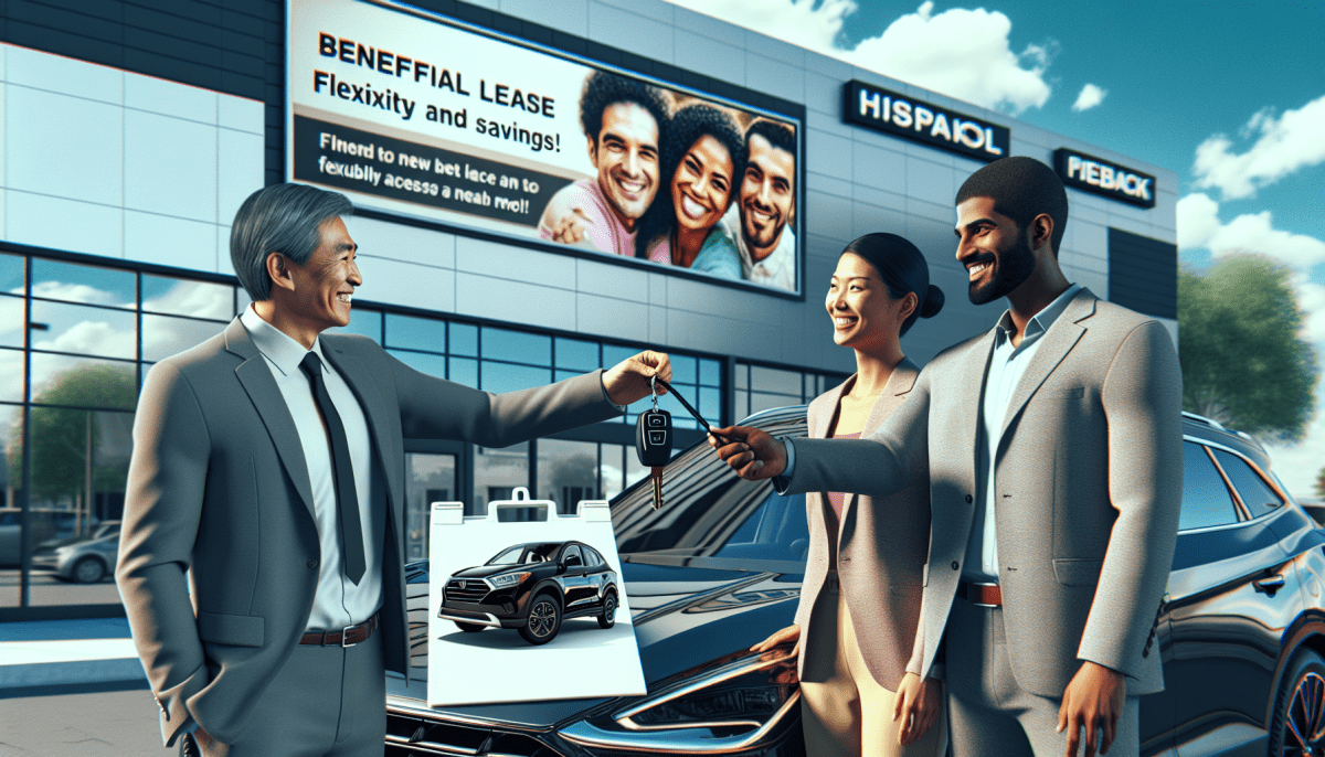 Un homme d'affaires souriant remet les clés d'une voiture élégante et neuve à un couple heureux, se tenant devant un concessionnaire automobile moderne avec une grande affiche promotionnelle indiquant "Leasing avantageux – Flexibilité et économies !", avec le reflet d'une famille se voyant dans la carrosserie brillante du véhicule, symbolisant leur nouvelle liberté financière et la facilité d'accès à un modèle récent.