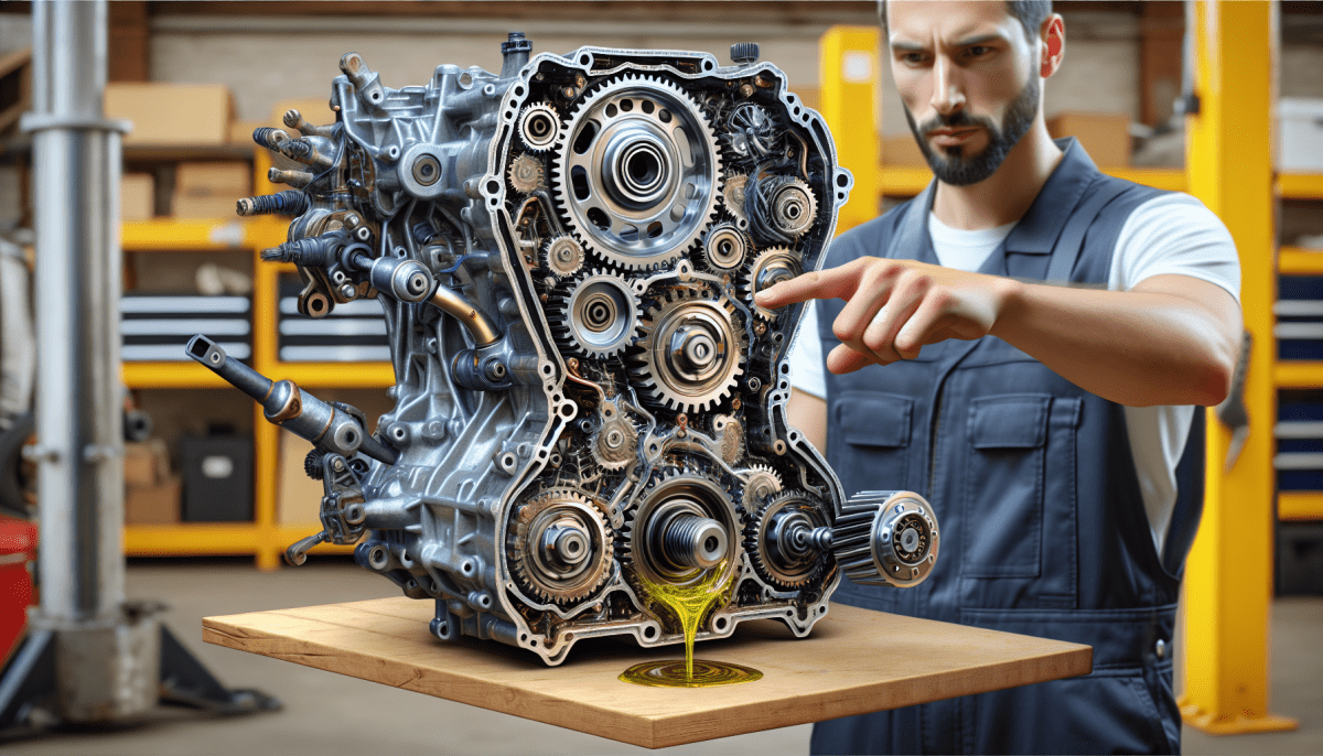Concevoir une image réaliste montrant une boîte de vitesse automobile partiellement démontée, avec des engrenages visibles en gros plan, et un mécanicien pointant vers des signes spécifiques d'usure ou de dégâts comme des dents cassées ou de l'huile s'échappant de joints défectueux, le tout se déroulant dans l'environnement d'un atelier professionnel de réparation automobile bien éclairé.